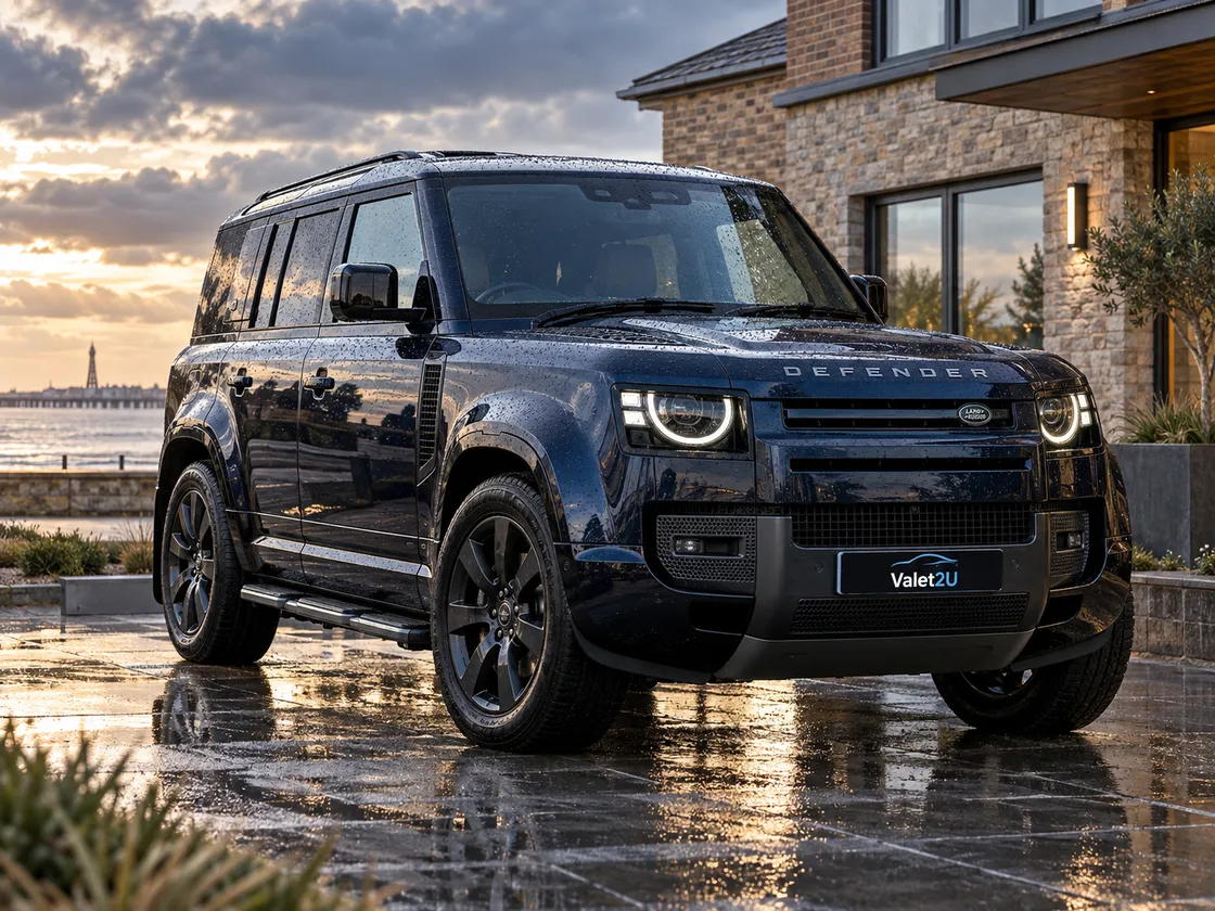 Dark Defender outside a modern coastal home. Staging artwork.