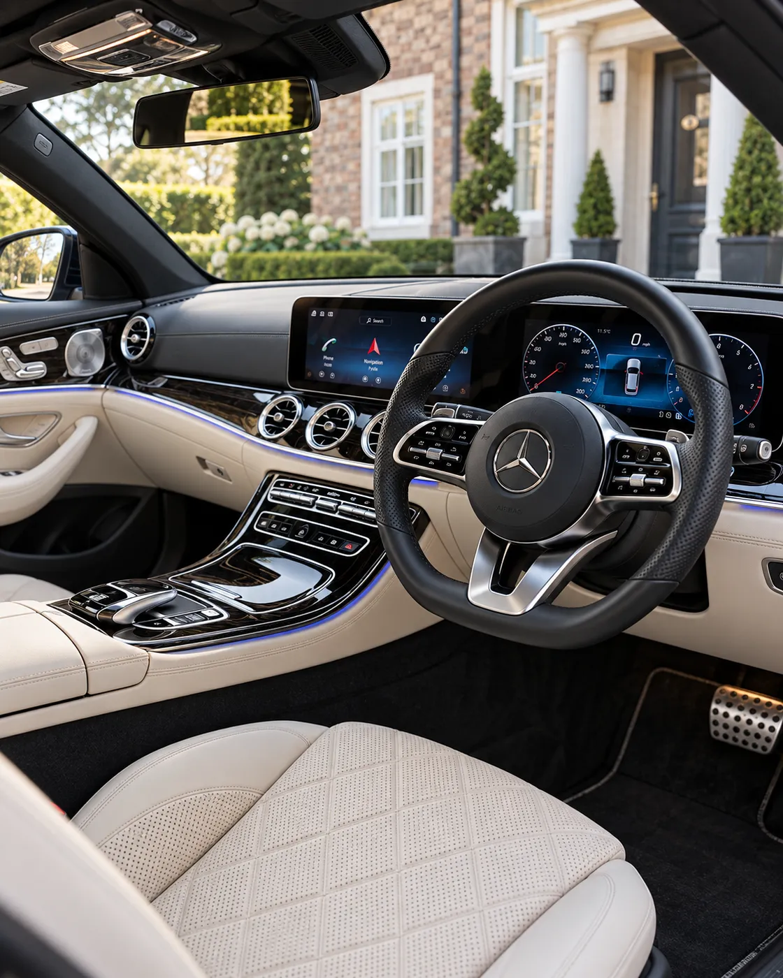 Cream leather and dark trim in a right-hand-drive cabin. Staging artwork.